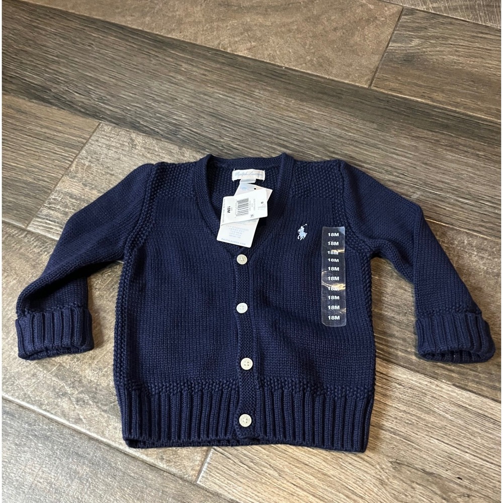 Ralph Lauren Polo Baby Boy Cardigan French Navy Knit Sweater 18M NWT